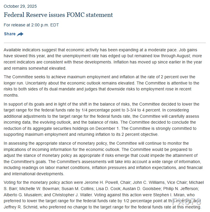 XM中文官网:美联储10月29日货币政策会议声明全文和近两次声明对比(图1)